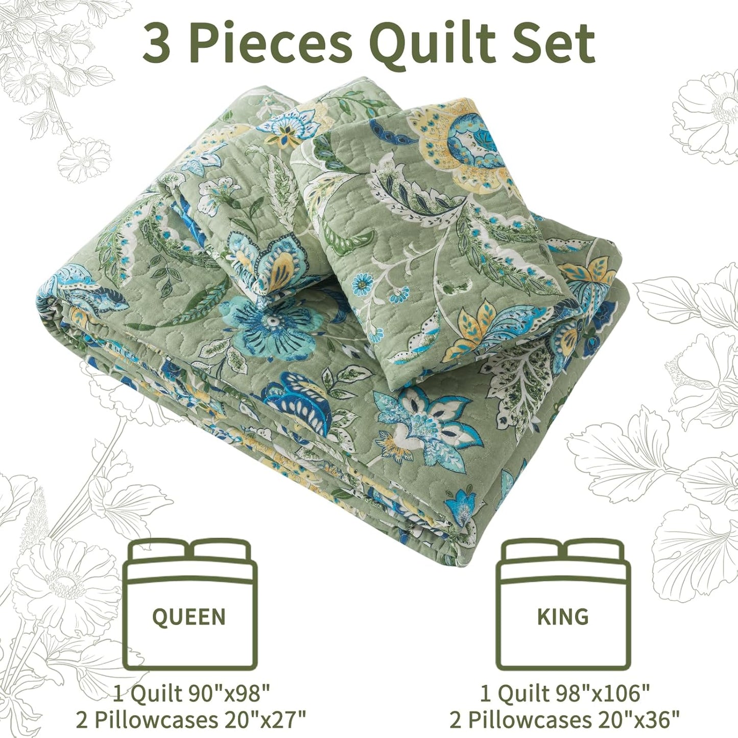 VAPUTAR Queen Quilt Bedding Set - Cotton Bedspreads Queen Size (90 x 98 inch) with Floral Pattern, Farmhouse Lightweight Queen Size Quilt Suitable for All Season（3 Pieces, Olive Green）