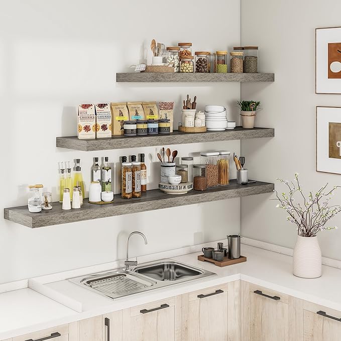 RICHFOCUS 72Inch Floating Shelves for Wall 1 Pack Shelves for Bedroom|Kitchen|Bathroom Wall Mounted Rustic Wood Floating Shelf with Invisible Brackets for Books|Storage|Decor, Grey