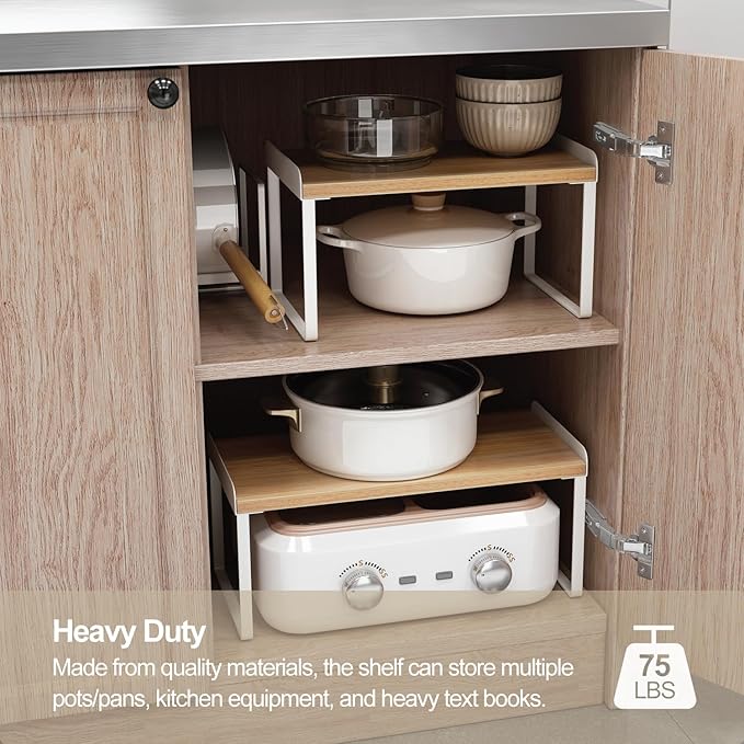 Mitus Shelf Organizer and Storage, Tiered Wood Cabinet Rack for The Kitchen Counter, Bathroom Counter, Pantry Cupboard, Office Desk Bookshelf, 12" Wide Walnut Brown and Black