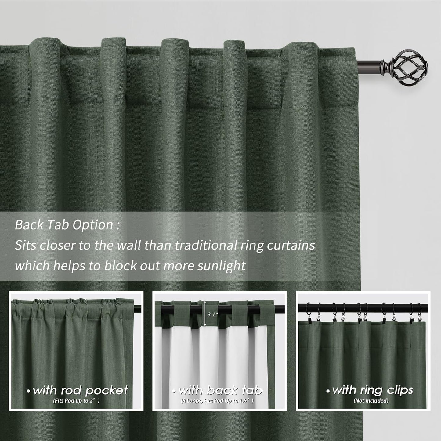 Olive Green Linen 100% Blackout Curtains for Bedroom 102 Inch Long 2 Panels Window Curtain Floor To Ceiling Length for Living Room Sliding Glass Door Back Tab Room Darkening Drapes Loden 52x102