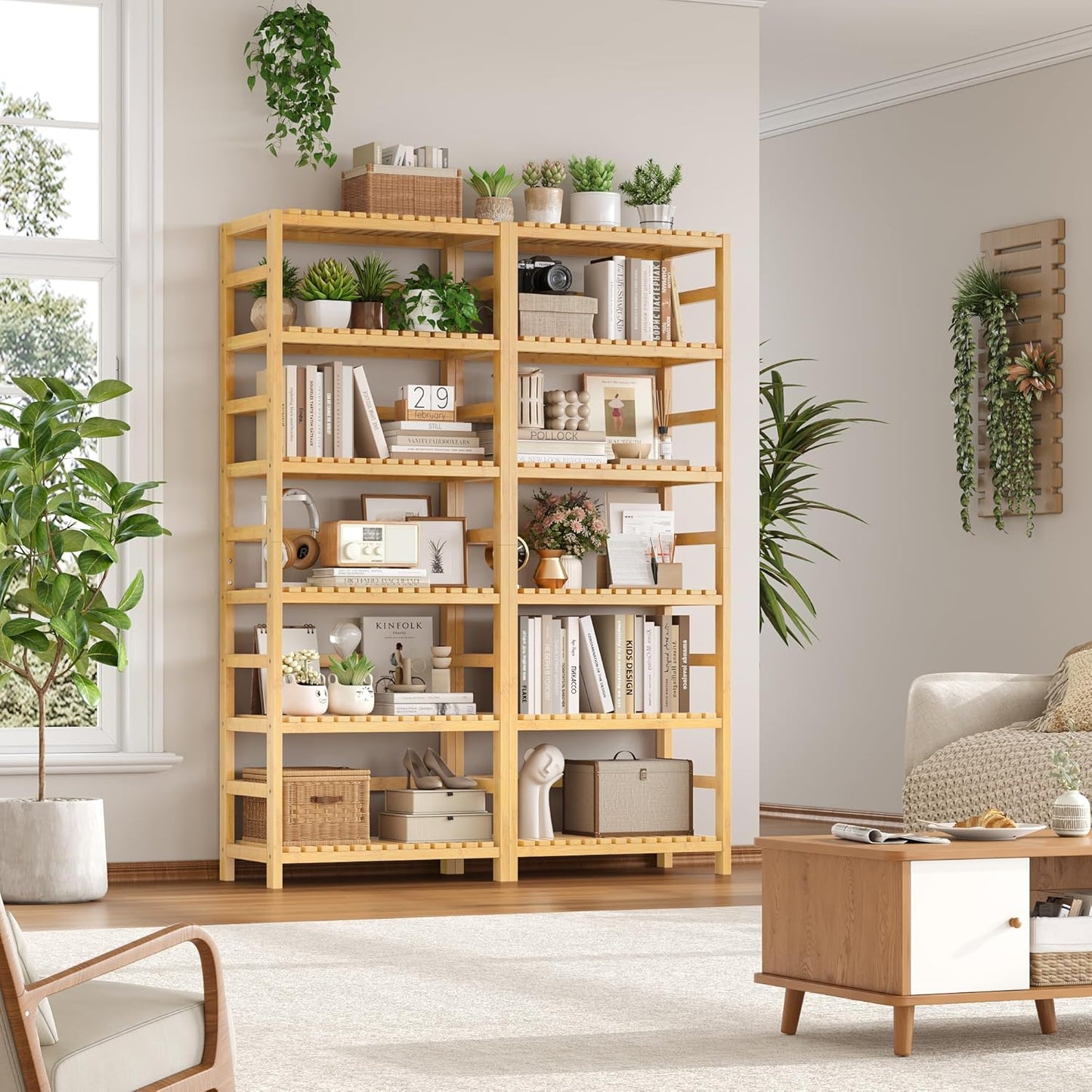 FOTOSOK 6-Tier Bamboo Shelf Set of 2, Bamboo Bookcase with Adjustable Shelves, Free Standing Storage Shelf Unit and Plant Flower Stand, Tall Large Bookshelf for Kitchen, Bathroom, Home Office, Natural