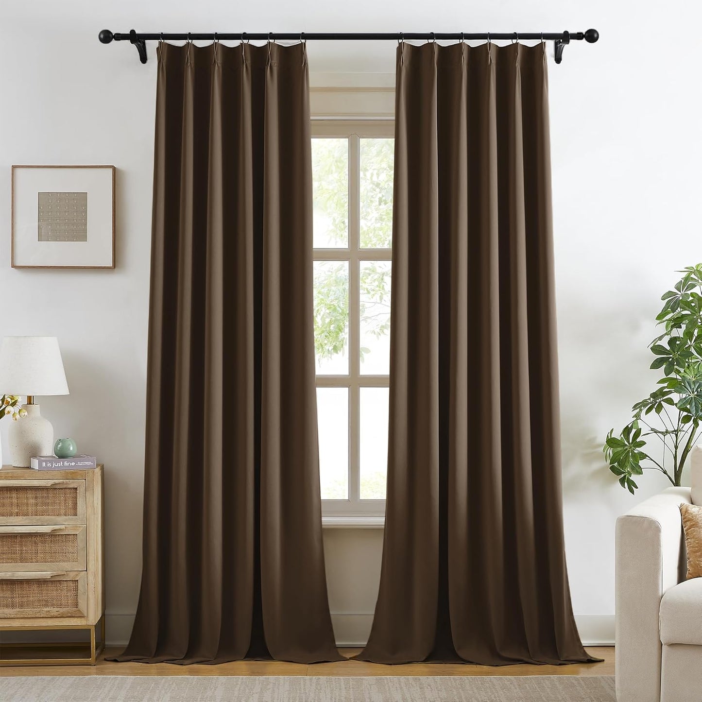 KangBang Dark Brown Blackout Pinch Pleat Curtains 96 Inches Long for Bedroom, Custom Made Pinch Pleated Memory Trained Window Drapes for Living Room Office with Hooks 2 Panels,40”Wx96”L