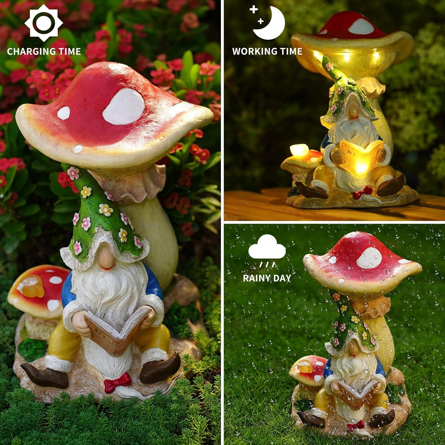 Upgraded Size Solar Garden Outdoor Statues Gnome Reading Under Mushroom with 5 LED Solar Figurine for Lawn,Patio,Balcony,Yard Decor Unique Housewarming Gift for Grandfather, Father,Grandma,Wen