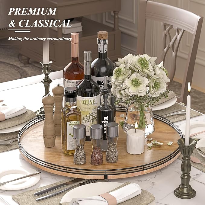 24" Lazy Susan Oak Wood Turntable Organizer for Cabinet, Farmhouse Round Wooden Large Lazy Susan Organization and Storage for Dining Table, Pantry, Kitchen, Countertop, Cupboard, Home Decor