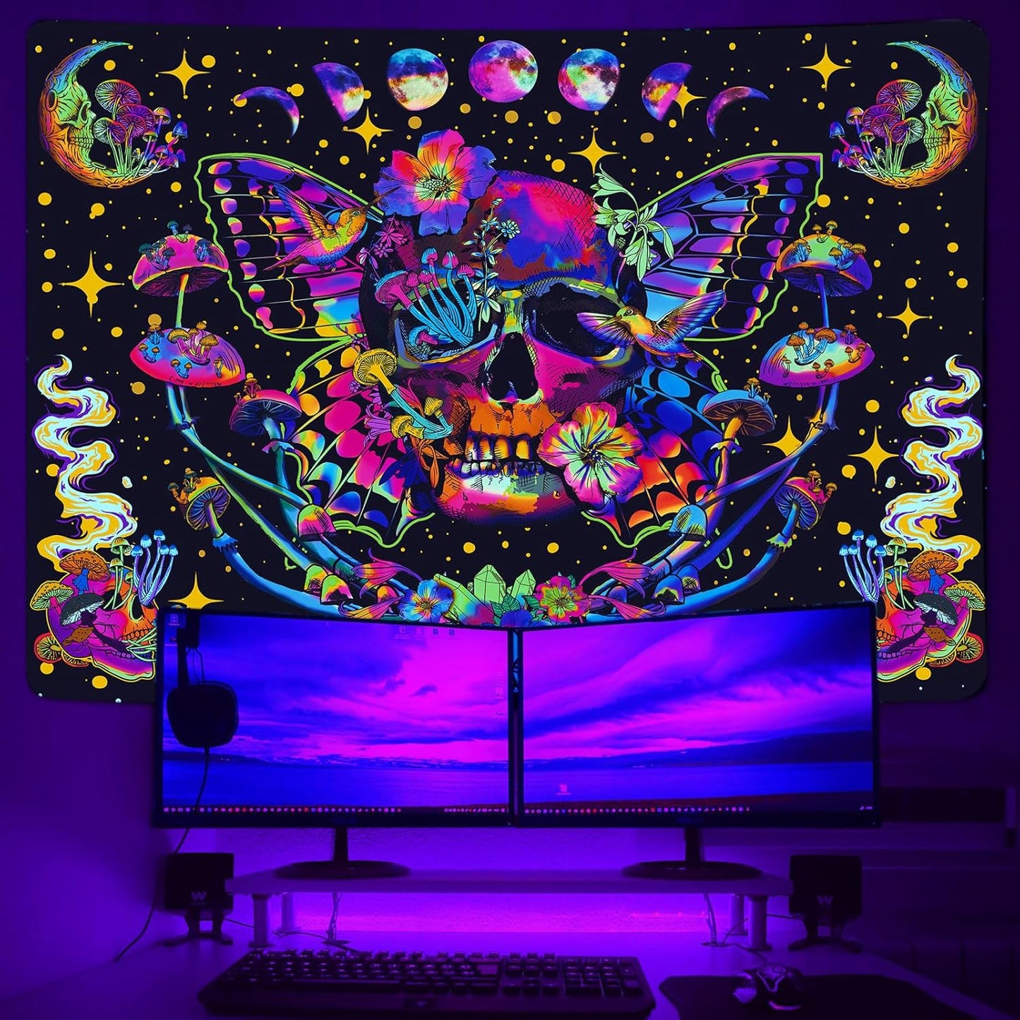 Skull Blacklight Tapestry, UV Reactive Skeleton Tapestry Trippy for Bedroom, Black Light Posters for Adults, Halloween Horror Wall Glow in Dark Tapestry Aesthetic Living Room Dorm Decor 60x51IN