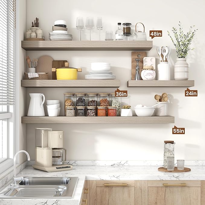 Heimlove 48" Floating Shelves for Wall,10 Grey Deep Rustic Wood Display & Storage Wall Shelves with Heavy Duty Brackets for Bathroom,Bedroom,Kitchen,Living Room,Office,Set of 2