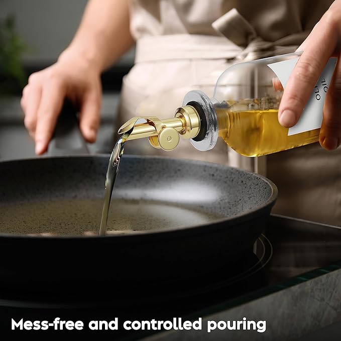 Olive Oil Dispenser Bottle - Includes 55 Kitchen Essential Labels - Cooking Oil Bottles for Kitchen, Coffee Syrup Dispenser - Pourer Spout with 11.8 fl oz Glass Container Cruet - 4pcs, Gold