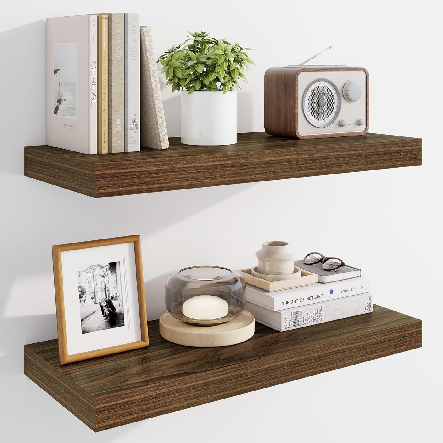 Marsmiles 24" Floating Shelves for Wall, Wooden Shelves with Invisible Brackets Set of 2, Rustic Farmhouse Wall Mounted Shelf for Kitchen Bathroom Living Room Study, Walnut