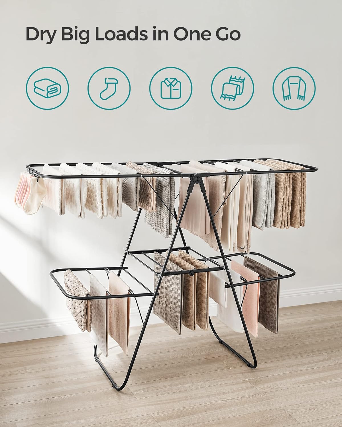 SONGMICS Clothes Drying Rack, Foldable 2-Level Laundry Drying Rack, Free-Standing Laundry Airer, with Height-Adjustable Wings, 33 Drying Rails, Sock Clips, Black ULLR053B01V1