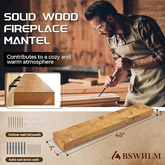 48x7x3 Fireplace Mantel - Solid Rustic Wood - Wall Mounted Floating Shelf with Invisible Heavy Duty Steel Bracket (Natural Wood)