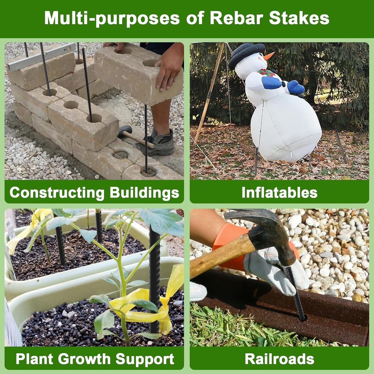 AAGUT Rebar Stakes 24 Inch 10 Pcs Landscape Timber Spikes 1/2", Heavy Duty Straight Garden Plant Stakes for Concrete Forming, Ground Anchors with Chisel Point End, Black