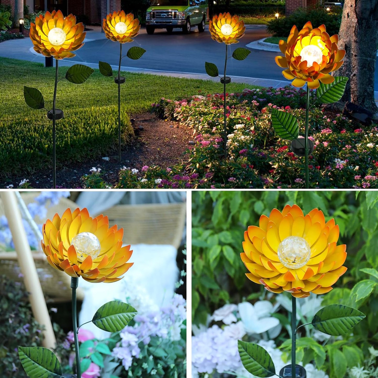 VCUTEKA Solar Garden Lights Metal Flower Decor Colorful Yellow Flowers Solar Pathway Light with LED Cracked Crystal Ball Outdoor Decorative Stake for Patio Yard Lawn