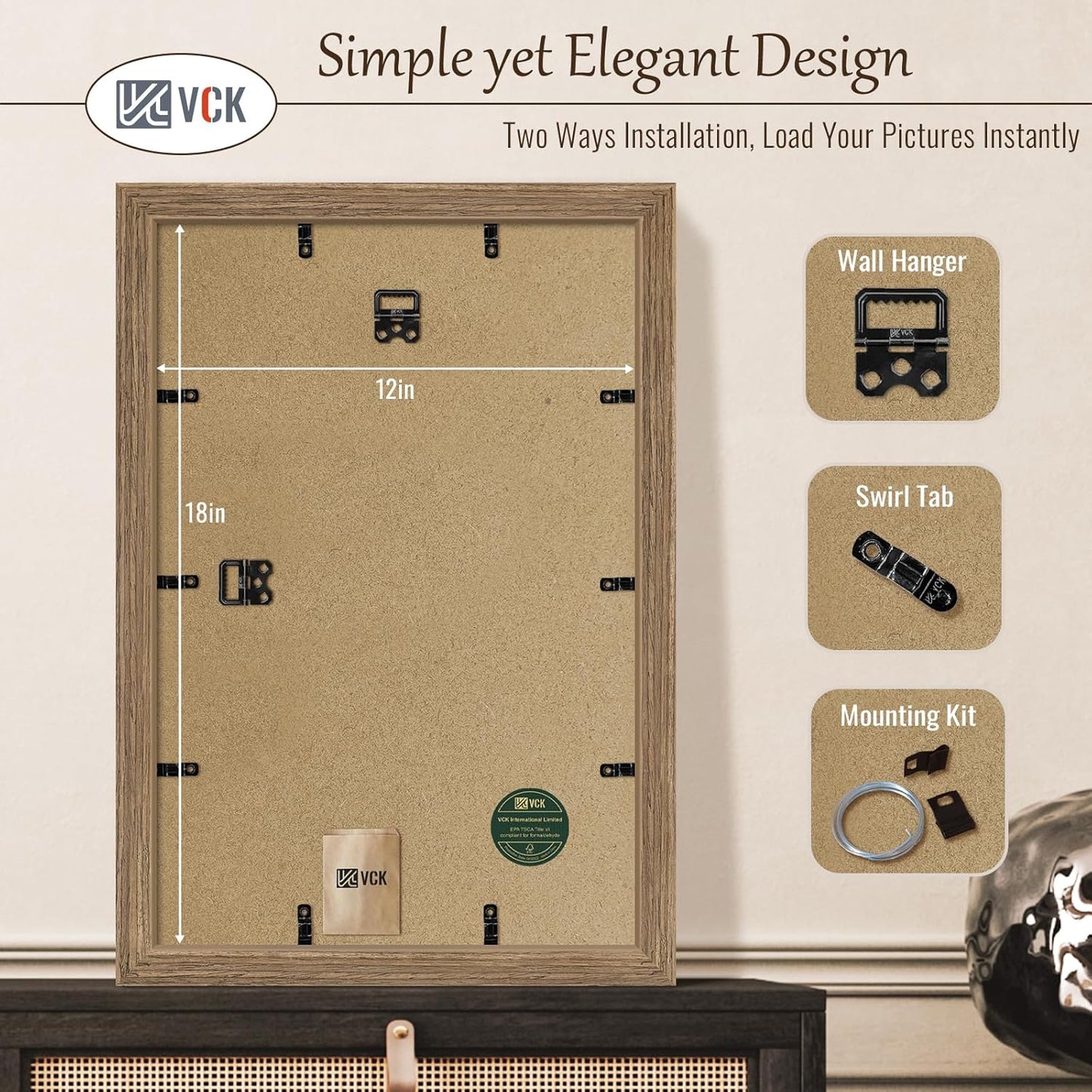 VCK 12x18 Frame 3 Pack - Brown Walnut, Natural Textured Solid Wood Poster Picture Frame, Wall Gallery Frame