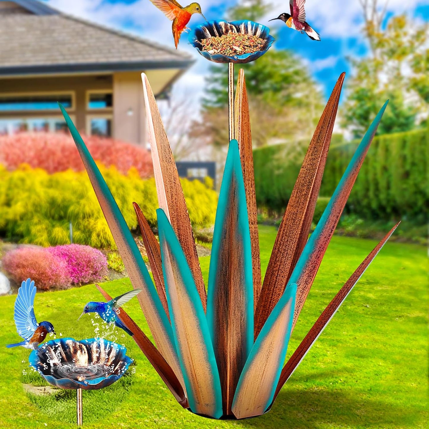 Large Tequila Rustic Sculpture, Rustic Metal Agave Plants for Outdoor, Home Decor Garden Yard Statue (Blue - L (W/Bird Feeder))