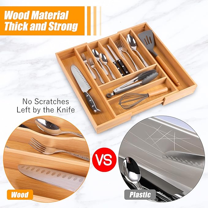 Bellsal Large Premium Bamboo Silverware Organizer - Expandable Utensil Drawer Organizer - 17"x19.6" Utensil Holder and Cutlery Tray with Grooved for Kitchen Flatware and Utensils Mother's Day Gift