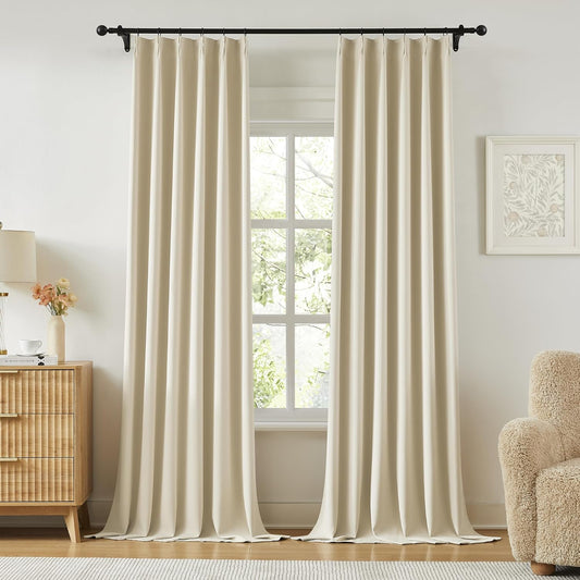 KangBang Cream Beige Pinch Pleat Room Darkening Curtains 96 Inches Long with Hooks, Energy Saving Blackout Memory Trained Pleated Window Treatments for Nursery Living Room, 40x96 Inch, 2 Panels