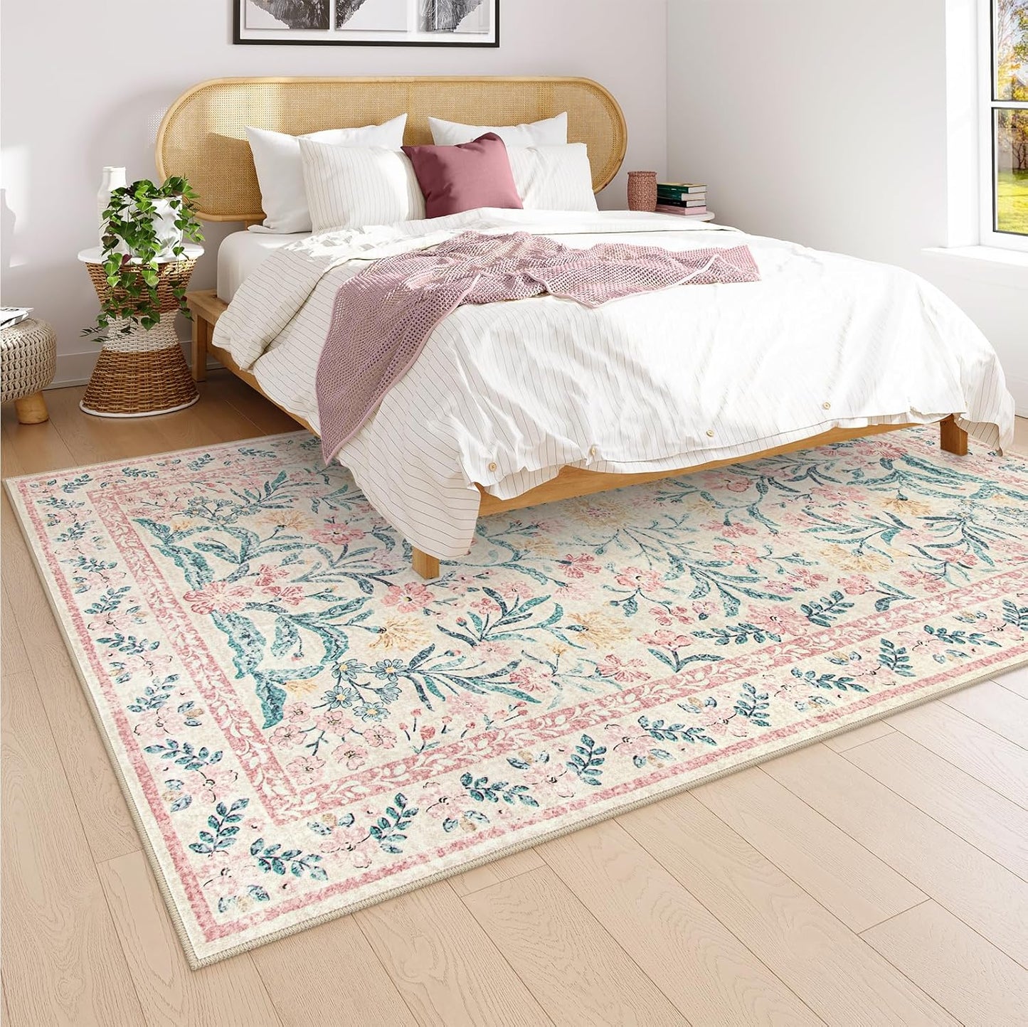 Wonnitar Machine Washable 5x7 Nursery Rug, Pink Rugs for Bedroom Girls, Boho Soft Floral Carpet Non Slip, Indoor Ultra-Thin Floor Carpet for Kid Room Living Room Dorm