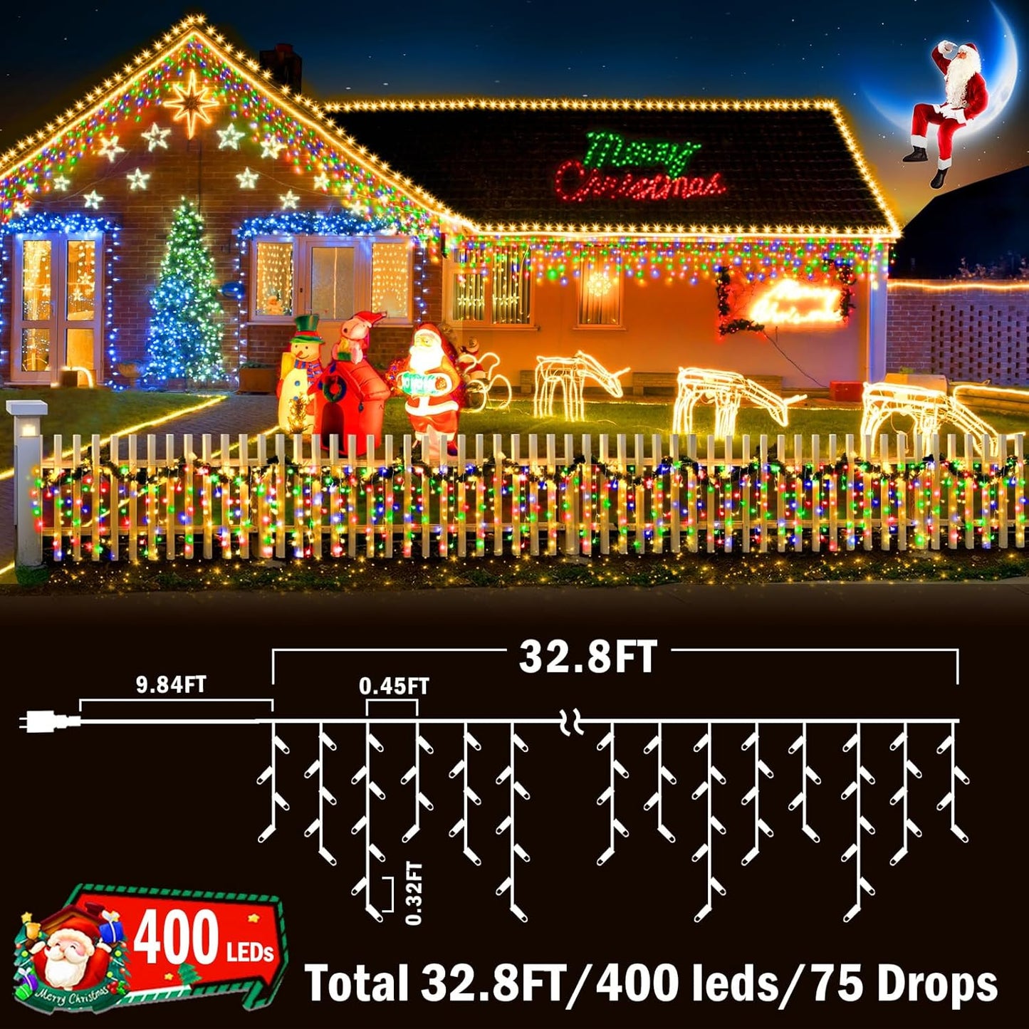 KNONEW 400 LED 43ft Multicolor Outdoor String Lights with 75 Drops, 8 Modes, Connectable, Timer & Memory Function, Water Resistant, Perfect for Christmas, Wedding, Party Decoration