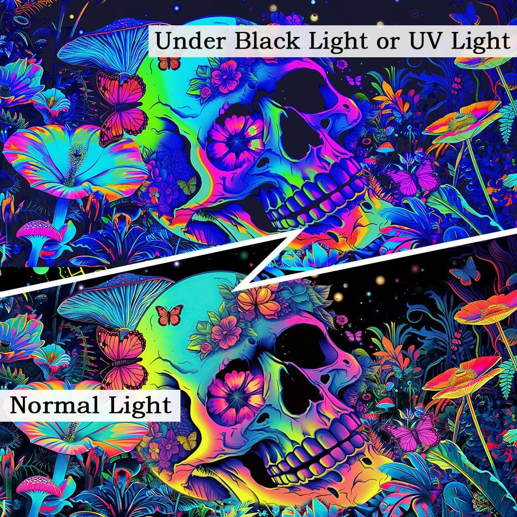 Xiaoput Blacklight Skull Skeleton Tapestry for Bedroom, Floral UV Mushroom Plants Reactive Tapestry, Glow in the Dark Black Light Poster, 90x70IN