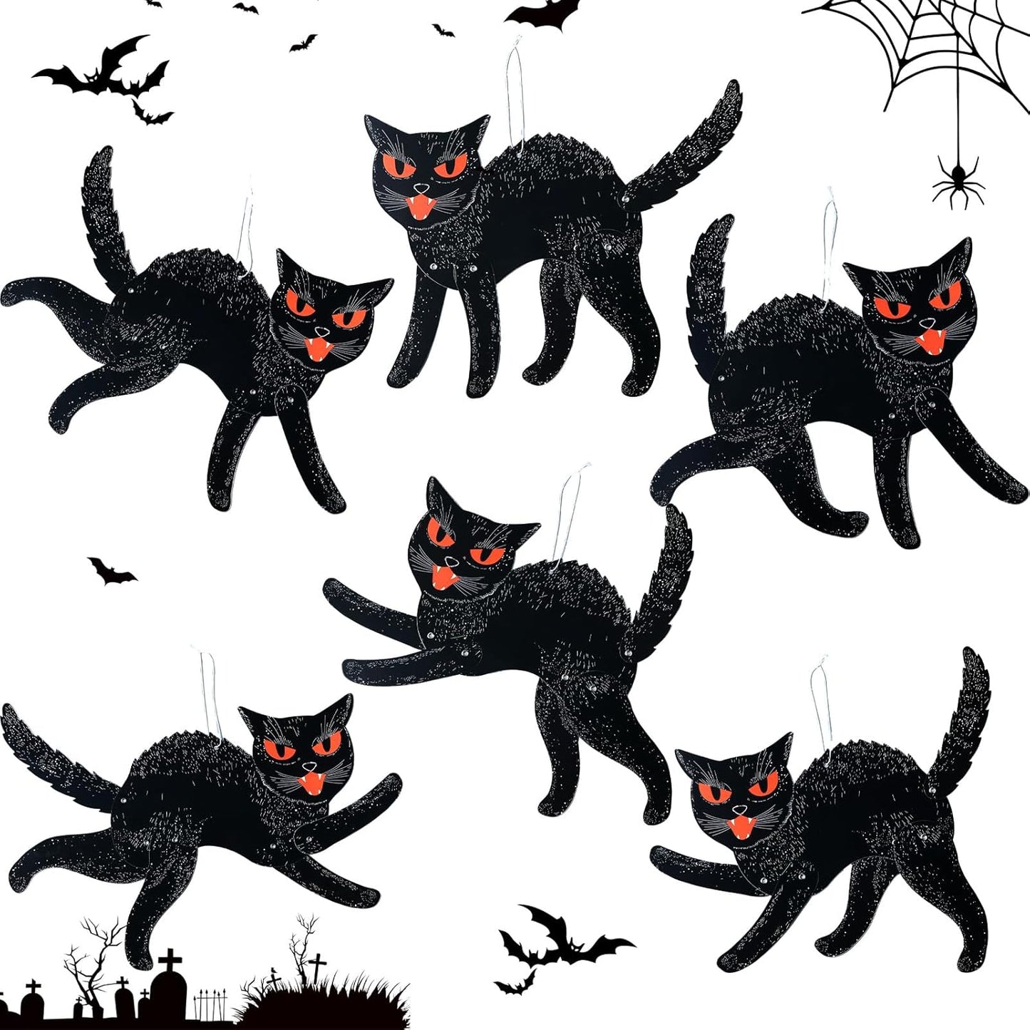 Jeyiour 6 Pieces Vintage Halloween Decor Halloween Jointed Scratch Cats Retro Black Cat Paper Cutouts Decoration for Home Classroom Office Wall Door Office Spooky Party Supplies