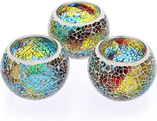 OwnMy Set of 3 Colorful Mosaic Glass Tea Light Holders Round Bowl Votive Candle Holders Pillar Candle Stands, Glass Mosaic Tealight Holders Potted Plant Bowl Vase Candle Centerpiece for Table Wedding