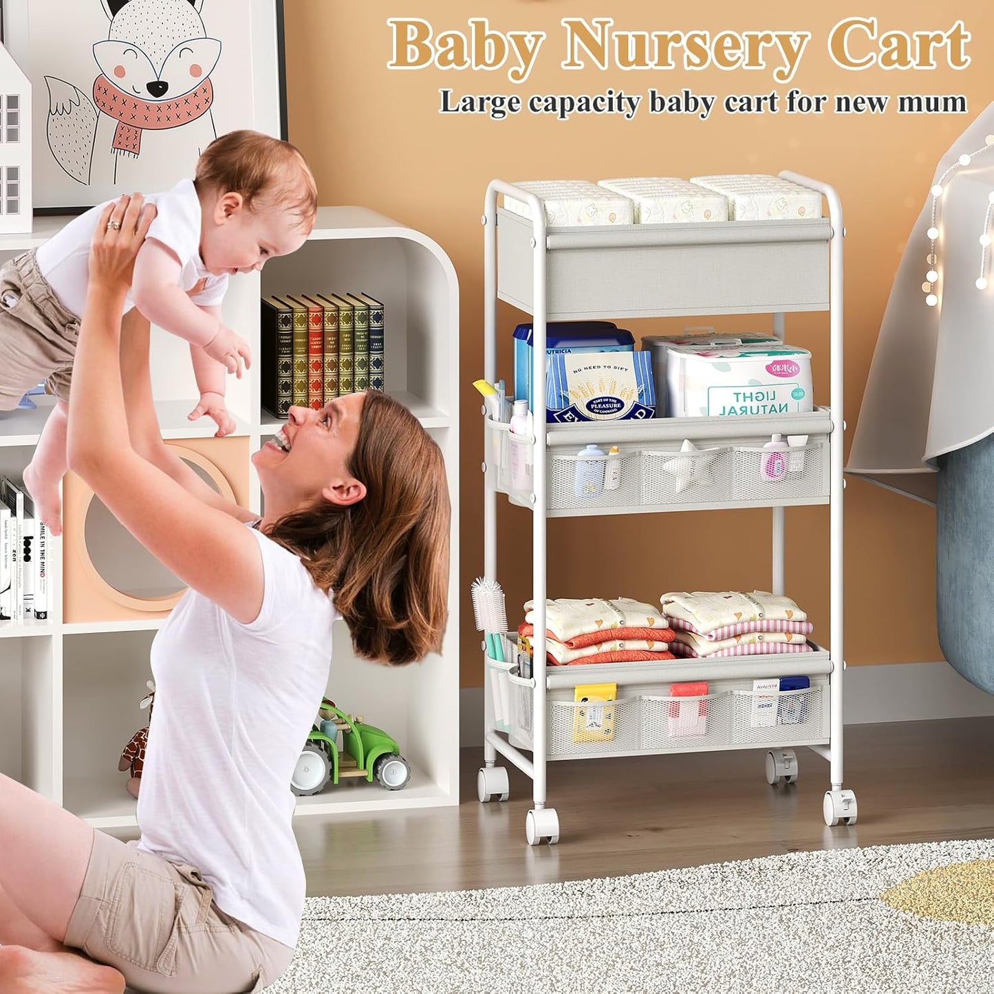 3-Tier Baby Diaper Caddy Cart Organizer,Mobile Nursery Organization with Wheels,with 2 Dividers & 14 Mesh Pockets Durable Metal Utility Cart for Nursery, Bedroom, Bathroom Essentials Organization