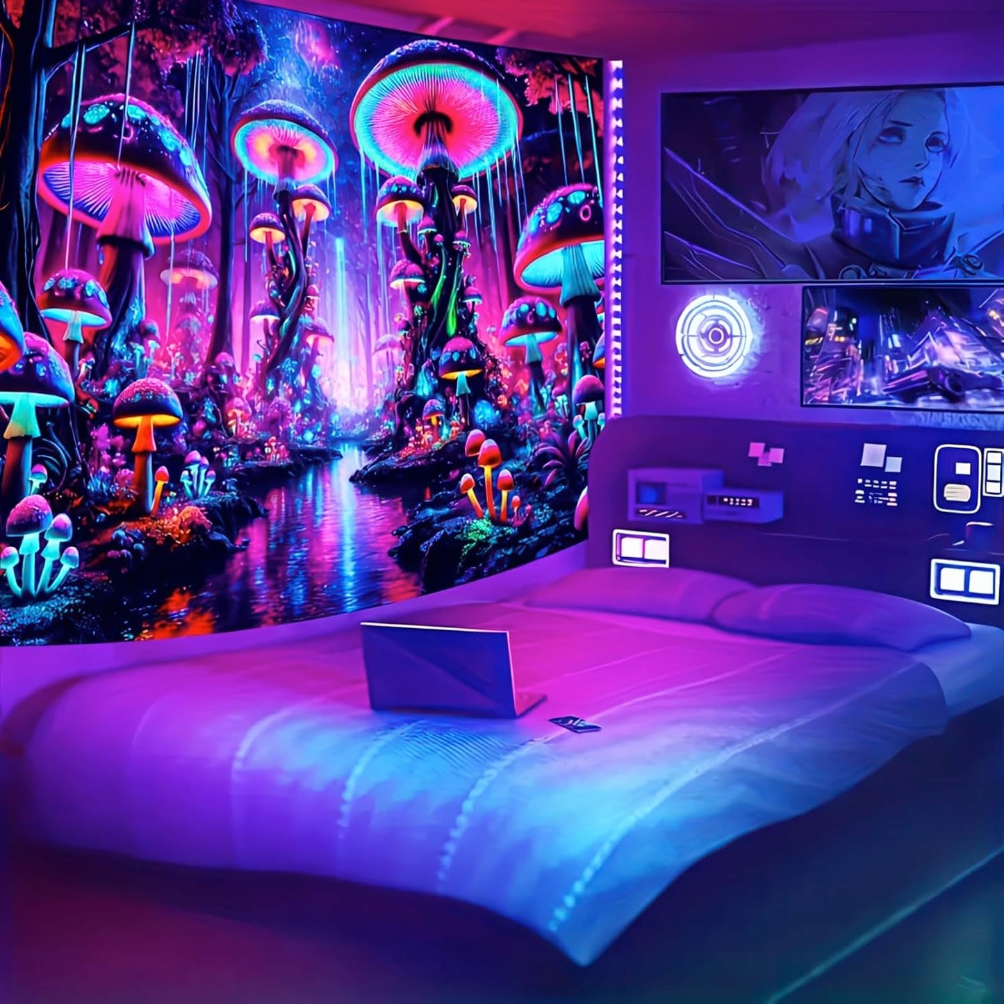 BlissYard Blacklight Tapestry UV Reactive Mushroom Tapestries Fantasy Mountain Forest Landscape Tapestry Mysterious Jungle Moon Night Neon Flower Wall Hanging Glow in the Dark Backdrop 59" x 80"