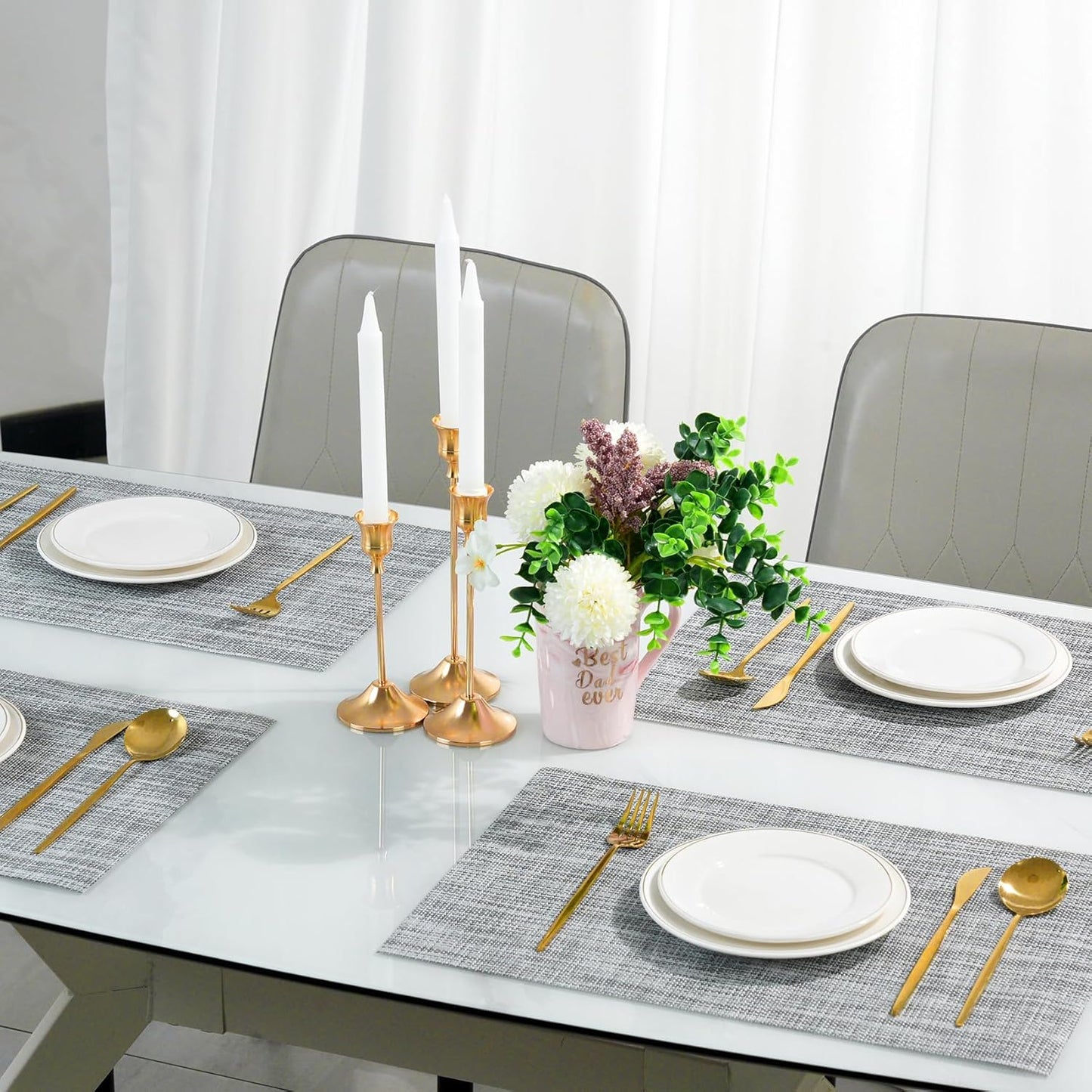 Placemats Set of 8，Non-Slip PVC Weave Table Mats Easy to Clean，Heat Resistant Place Mats for Kitchen Dining Table Decoration Indoor Outdoor，Gray