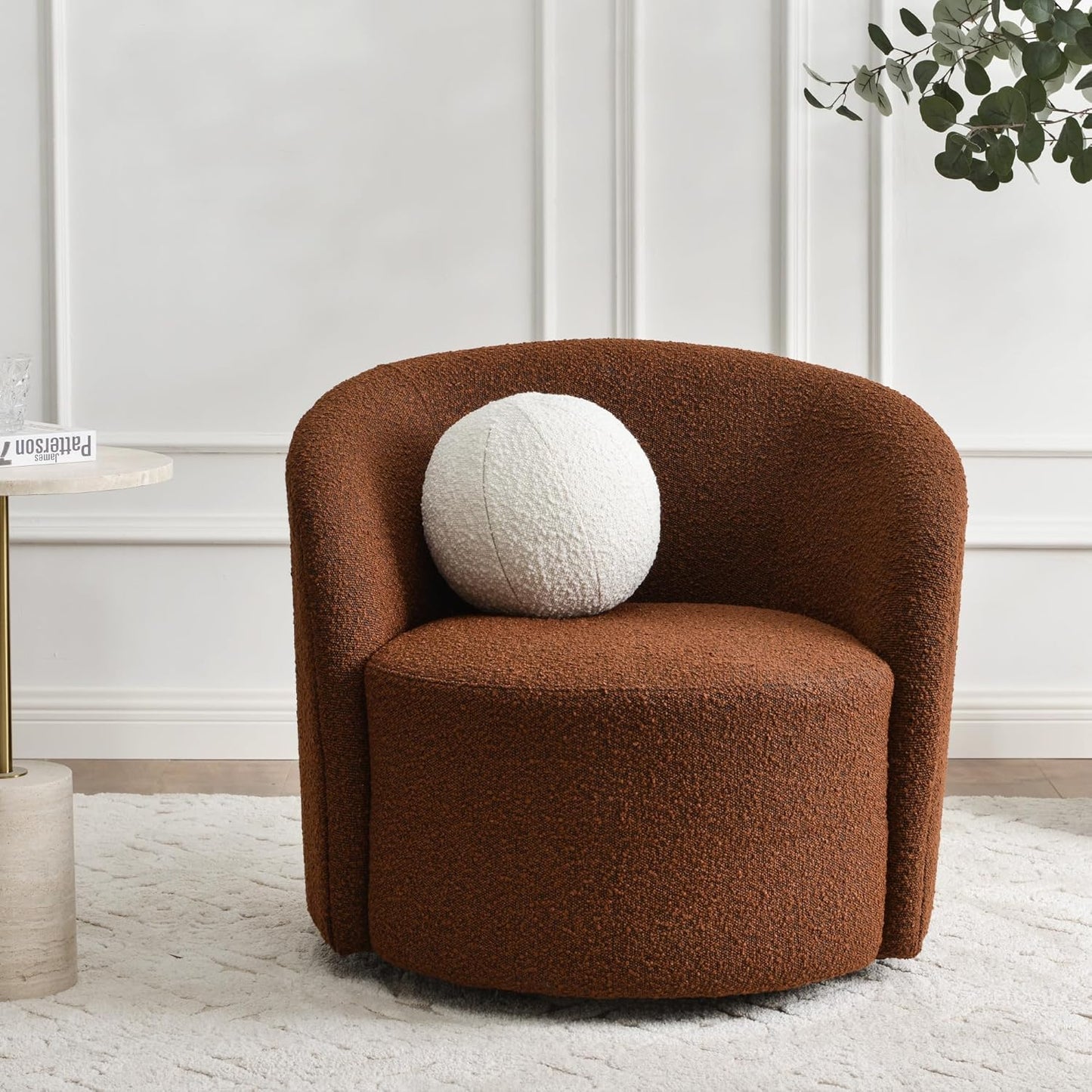 KINWELL Sherpa Swivel Barrel Chair & Round Ball Pillow Set - 34" Wide Modern Boucle Accent Chair with 9” Matching Nordic Decorative Throw Pillow for Living Room and Bedroom(Brown)