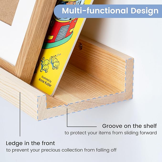 Picture Ledge Shelf, Floating Shelves Set of 2, Solid Pine Wood 72'' Long Large Nursery Book Shelves for Toys Storage, Kids Bookshelf for Living Room Bedroom Decor Books Photo Frames, Natural