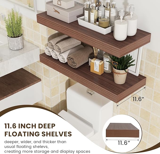 Deep Floating Shelves for Wall | 12 Inch Deep Floating Shelves 30 Inches Long Set of 2 | Rustic Walnut Floating Shelves for Living Room Bathroom Laundry Room Bedroom Kitchen Home Office