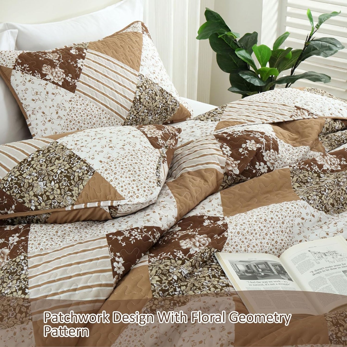 Dobuyly Fall King Size Bedspread, Brown Floral Plaid Patchwork King Size Quilts Fall Bedding Set, Soft Lightweight Microfiber Coverlet Set (1 Quilt, 2 Pillow Shams)