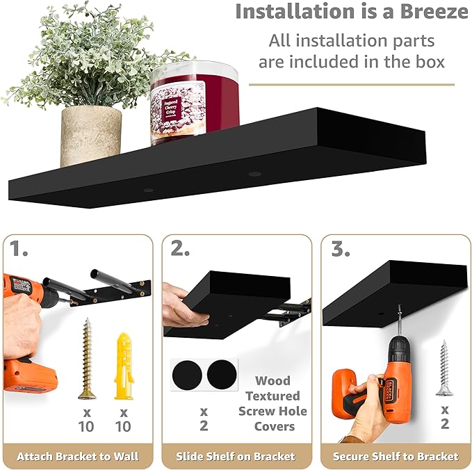 Sorbus Floating Shelves for Wall - 24" Bathroom Shelves, Wall Decor for Bedroom, Kitchen, Living Room, Home Decor & Book Storage - Mounted Floating Shelf with Invisible Brackets (Black, 4 Pack)