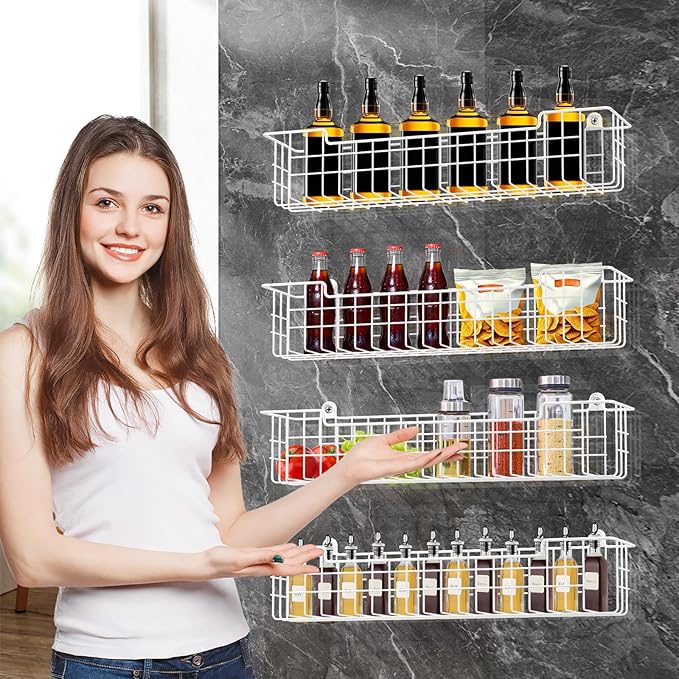 Spice Rack, 4-Pack Seasoning Organizer Wall Mount for Kitchen Storage Organization, Spice Holder Metal Shelf Saving Space for Cabinet, RV, Pantry, White