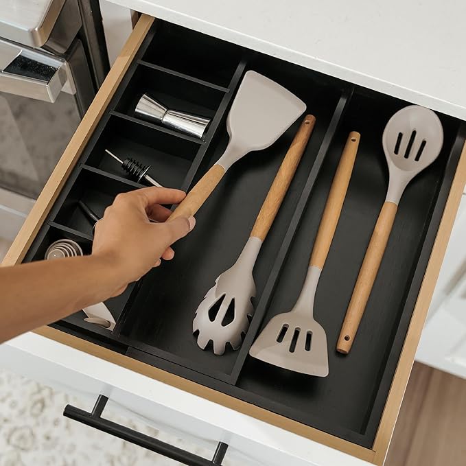 Adjustable Kitchen Drawer Organizer for Utensils and Junk, Food-Safe Contract Grade with 100% Sustainable Wood, Expandable from 10.5 to 19 Inches Wide - Black Bamboo