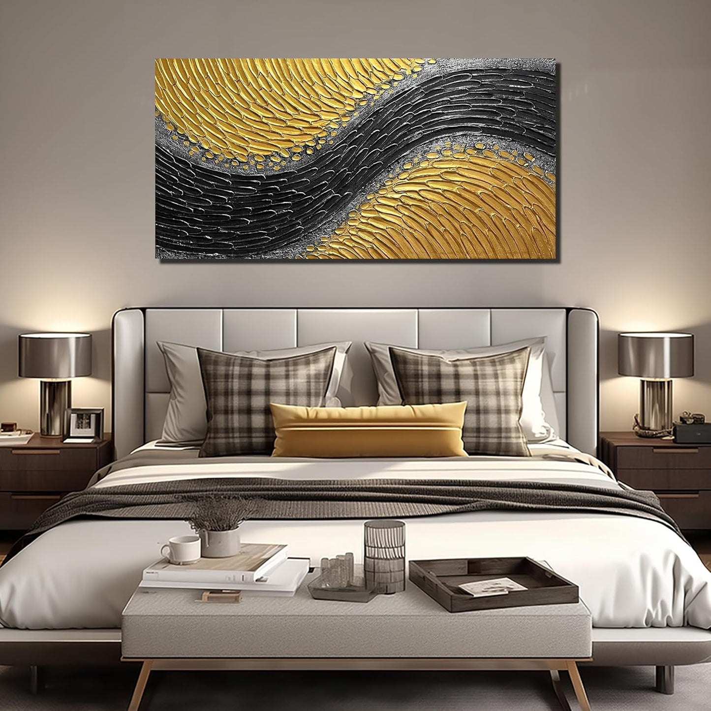 Black and Gold Hand Painted Oil Painting for Bedroom Abstract Pictures for Living Room Large Canvas Wall Art for Office Size 29 x 58 Inch