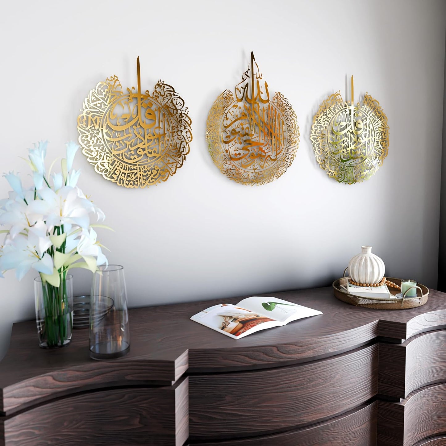 iwa concept Ayatul Kursi, Surah Al Falaq and Surah An Nas Islamic Metal Wall Art, Quran Verse Arabic Calligraphy Decor, Islamic Decorative Gift for Muslims during Ramadan (Shiny Gold, XLarge)