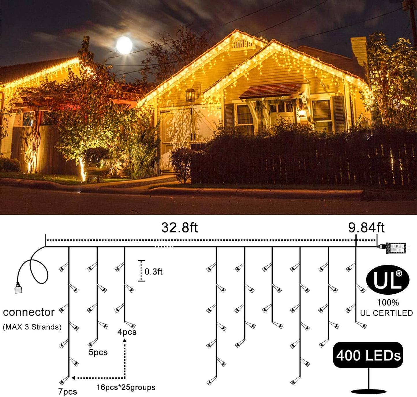 Icicle Lights for Outside 33ft 400 LED Icicle Christmas Lights Outdoor 8 Modes with 75 Drops, Plug in Christmas Light Waterproof for Indoor Holiday Wedding Xmas Decorations, Warm White