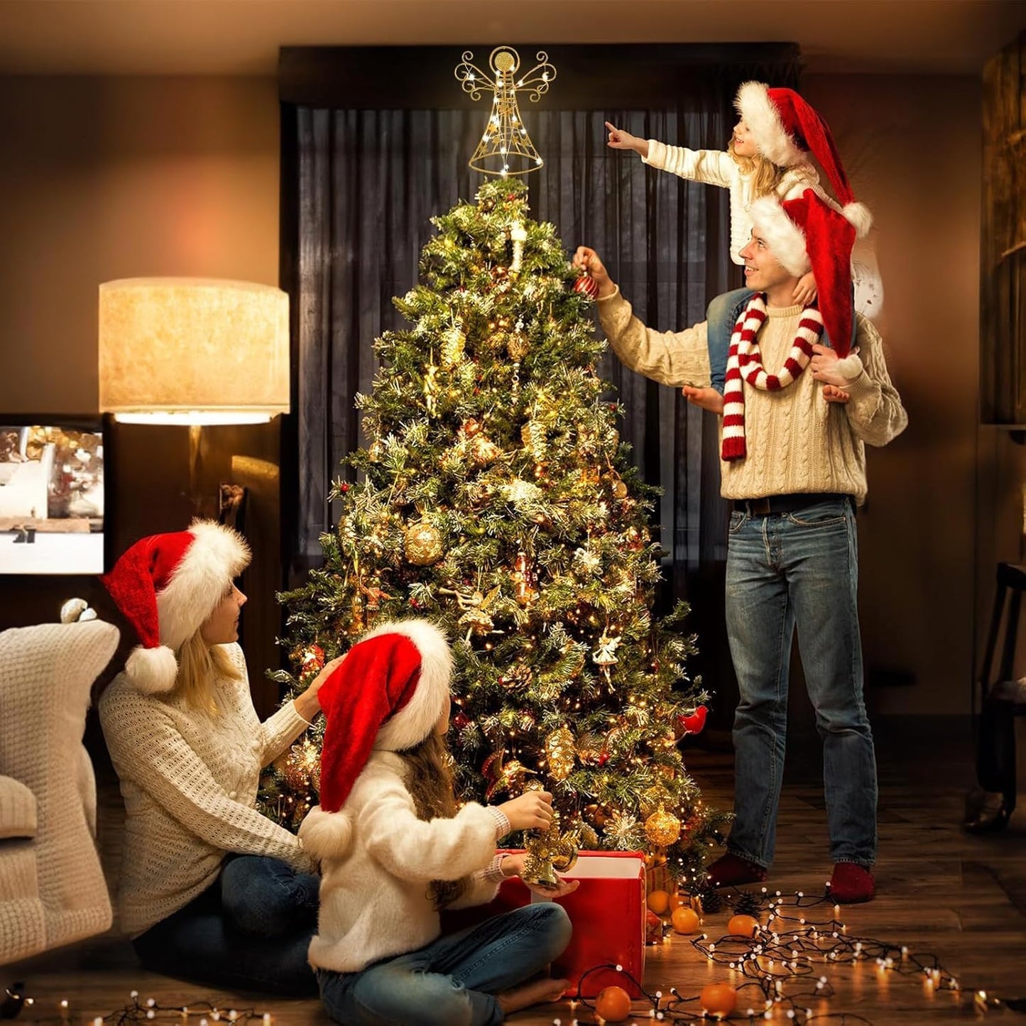 hogardeck Christmas Tree Topper, Glittered Gold Angel Tree Topper for Christmas Treetop, 30 LED Timer Sparkling Tree Toppers for Christmas Tree Decorations