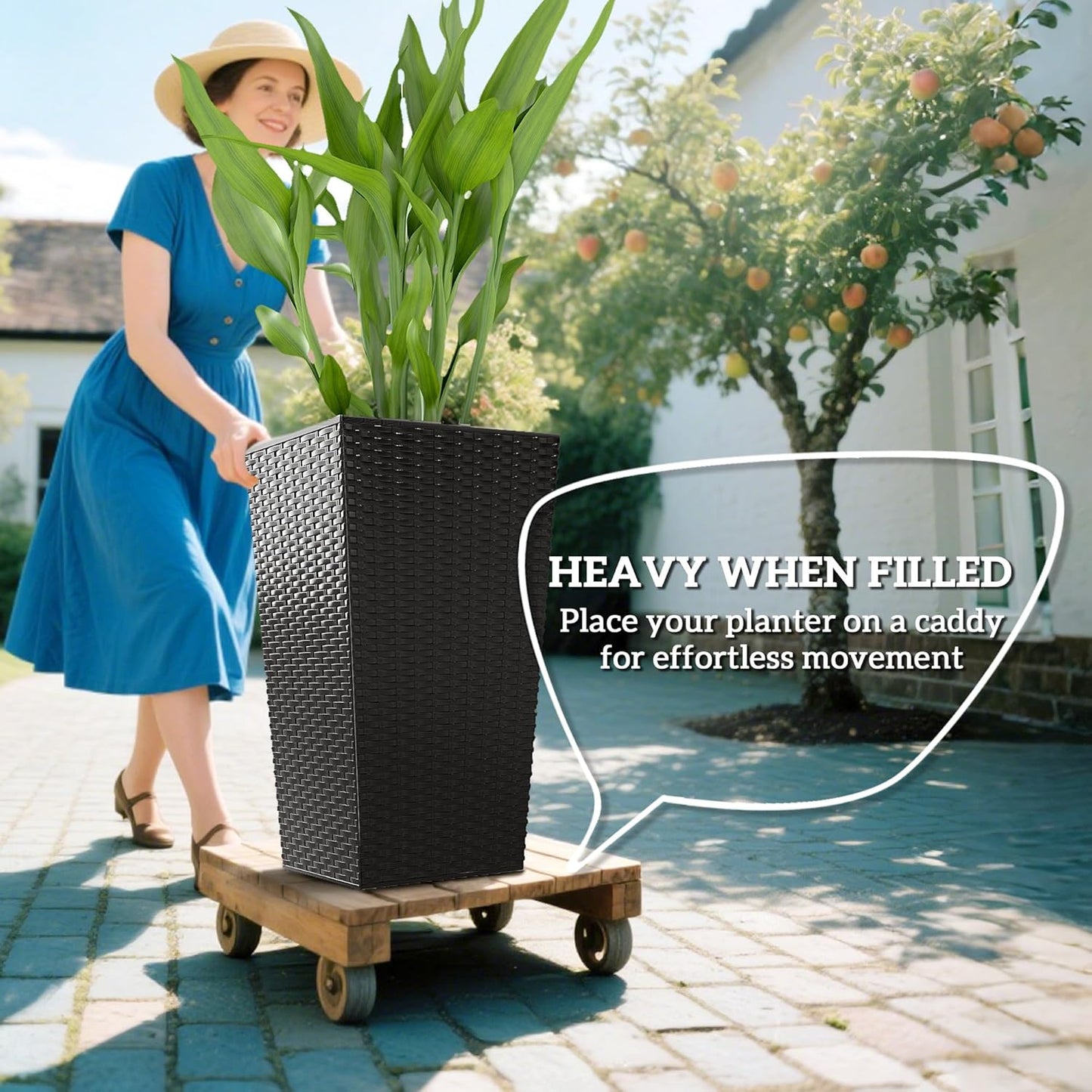 Outsunny Tall Planters for Outdoor Plants Set of 3, 24 in Taper Planters with Drainage Holes, Rattan Decor Plant Pots for Indoor Outdoor Front Porch Patio Backyard, Black