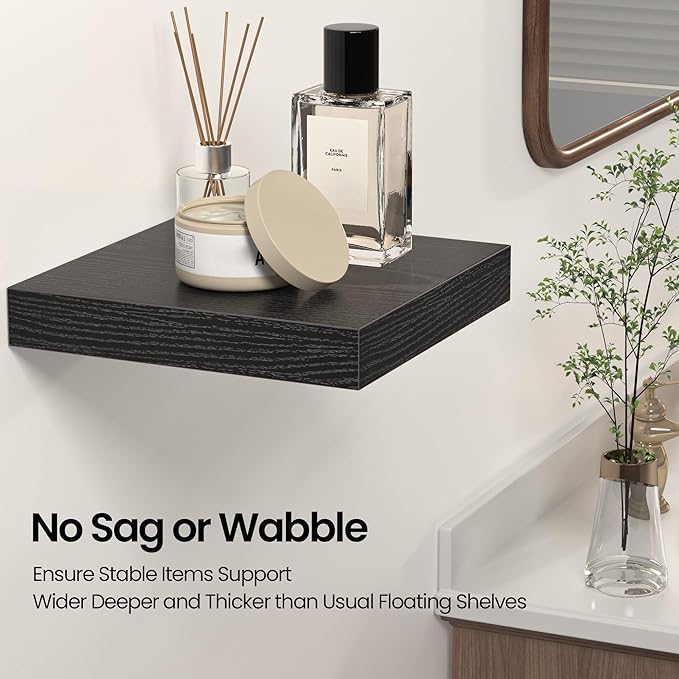 Square Floating Shelves for Wall, 10" W x 10" D x 1.2" H, Small Wooden Wall Mounted Display Shelves with Invisible Brackets for Living Room, Bedroom, Bathroom, Kitchen Decor, Set of 4, Black