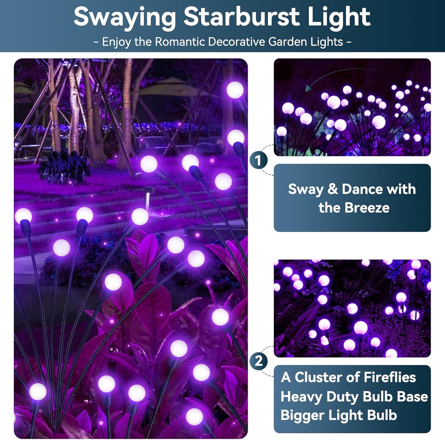 Solar Garden Lights Outdoor Waterproof, 4 Pack 32 LED Swaying Light Firefly Light Outdoor Decor Lights for Garden Gifts for Pathway Party Christmas Decoration, Purple