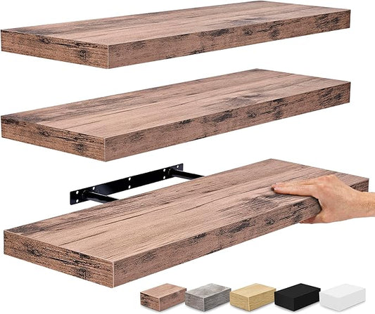 Sorbus Floating Shelves for Wall - 24" Bathroom Shelves, Wall Decor for Bedroom, Kitchen, Living Room, Home Decor & Book Storage - Mounted Floating Shelf with Invisible Brackets (Mahogany, 3 Pack)
