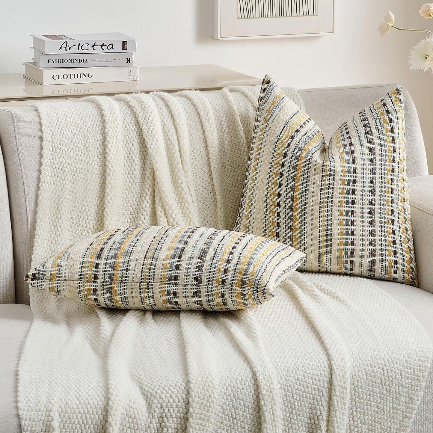 FUTEI Yellow Grey Decorative Throw Pillow Covers 12x20 Inch Set of 2,Soft Cozy Chenille Jacquard Textured Pillow Case,Boho Home Decor for Couch Bed Living Room