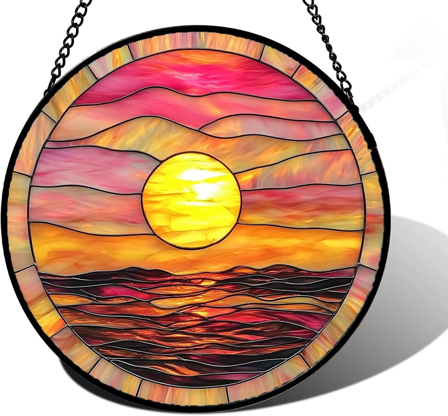 Stained Glass Window Hanging, Sunrise Sea Surface Sun Catchers Diamond Glass Panel Hangings Abstract Suncatcher Decor for Birthday for Women, Men, Wife, Aunt, and Mom 9.8 in