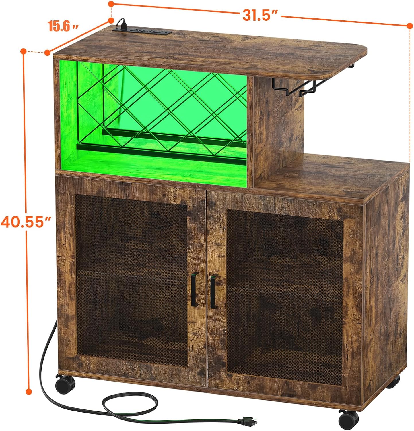 Wine Bar Cabinet with Wheels, Small Liquor Cabinet with LED Light, Home Bar Cart with Power Outlets, Coffee Bar with Wine Rack, Glasses Storage for Kitchen, Dining Room, Living Room, Vintage