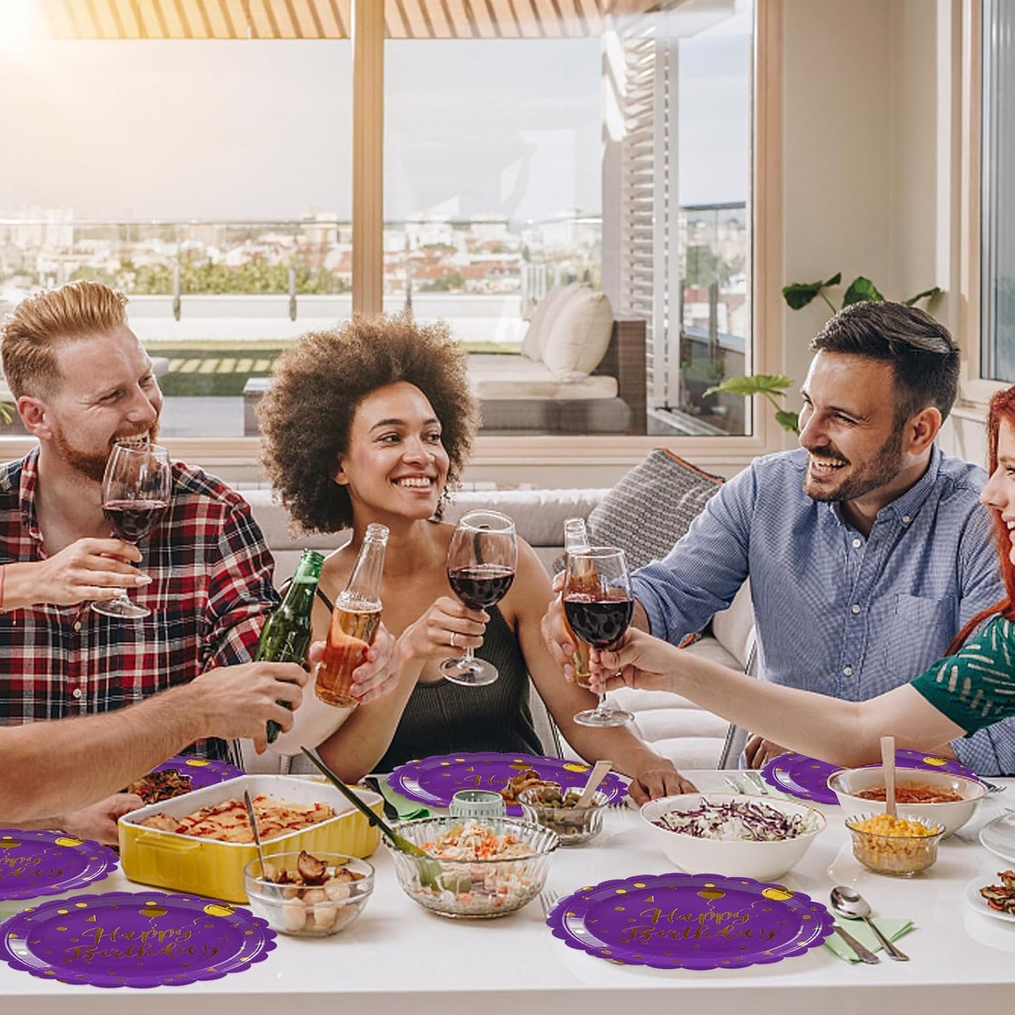 50PCS Purple Birthday Party Plates Decorations, 7 Inch Scalloped Purple and Gold Paper Plates Disposable Happy Birthday Dessert Cake Plate Party Supplies for Birthday's Decorations