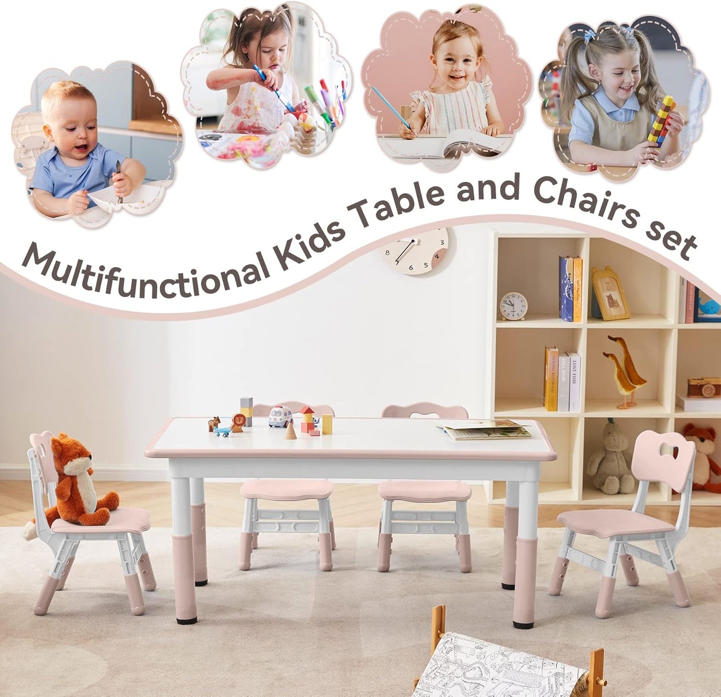 Kids Study Table and Chairs Set, Height Adjustable Toddler Table and Chair Set for Kids Ages 3-8, Graffiti Desktop Plastic Children Art Table with 4 Seats, Lovely Pink