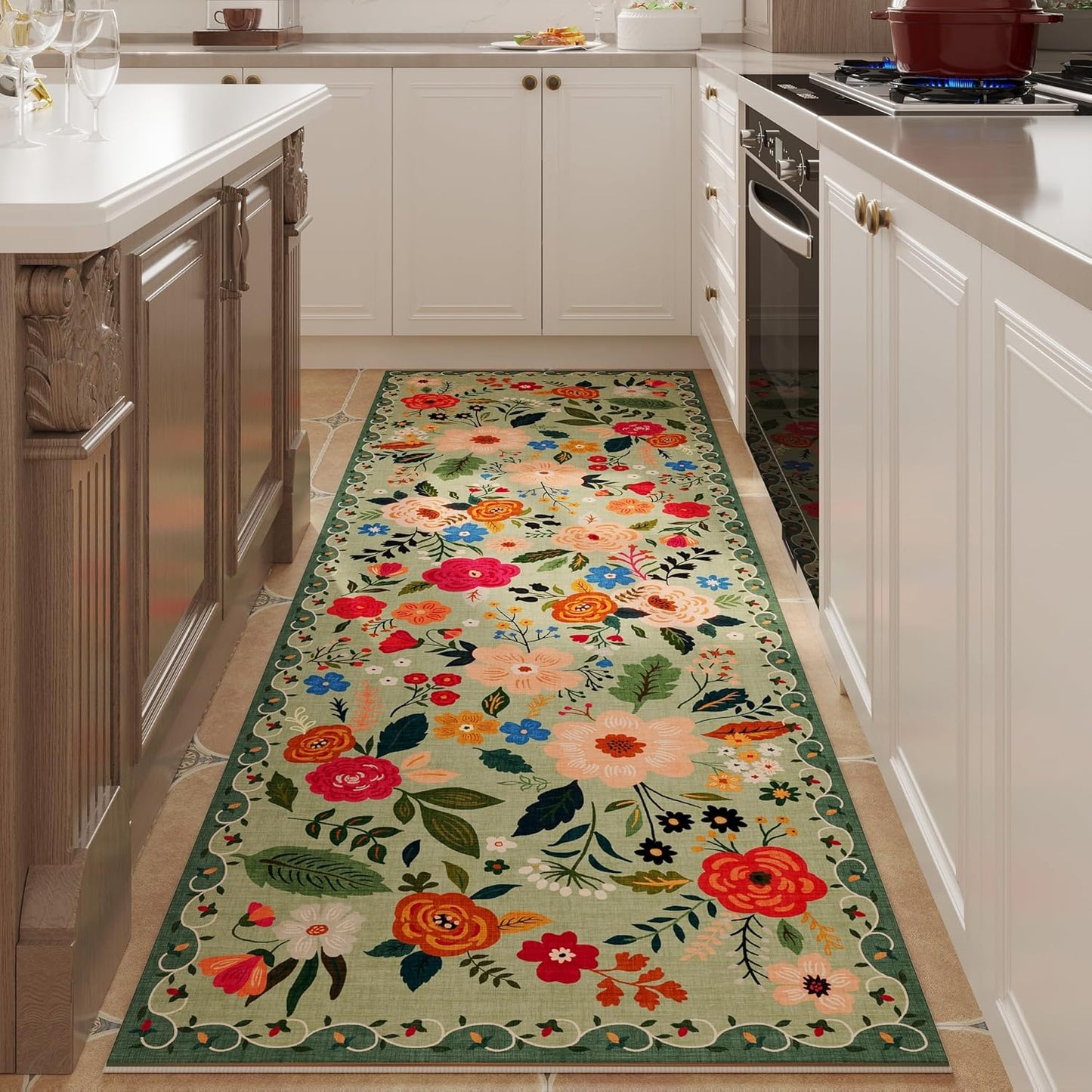 Runner Rug for Hallways Kitchen Rug Non Slip 2'x 6' Washable Rugs with Rubber Backing Soft Floral Carpet Runner for Hallways, Kitchen, Laundry, Bedroom, Bathroom(Green)
