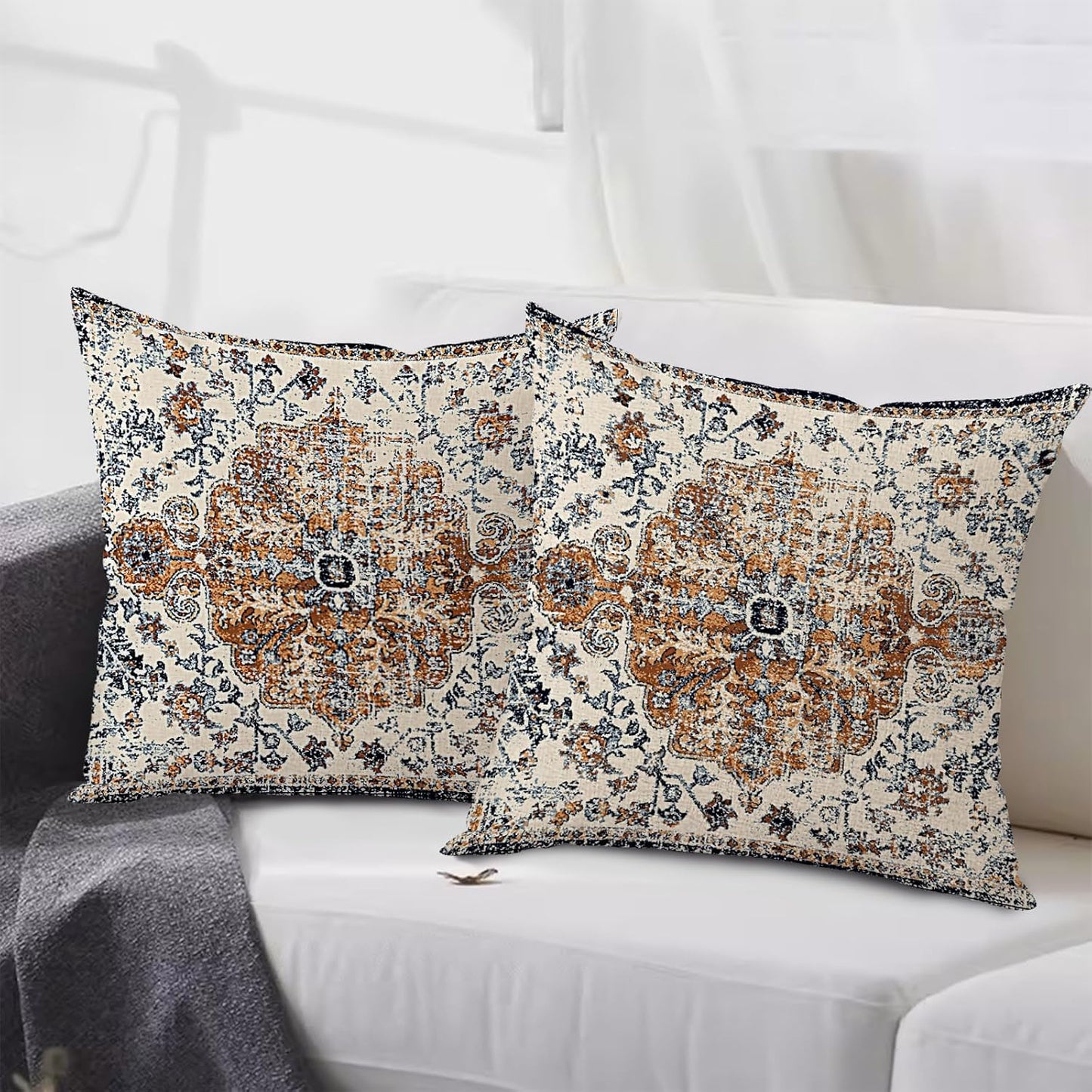 Outdoor Waterproof Pillow Covers 16x16 Inch Set of 2 - Bohemian Vintage Carpet Pattern Gold Blue Ethnic Design Decorative Farmhouse for Couch Garden Balcony（40cmx40cm）